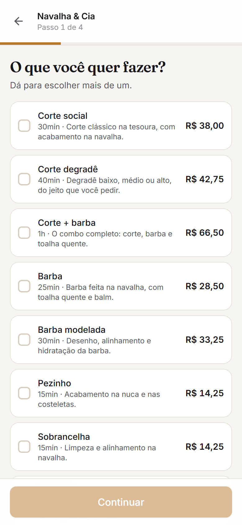 Agendando — sou cliente: Serviço, profissional e horário em três toques. Só aparece horário que existe de verdade na sua agenda.