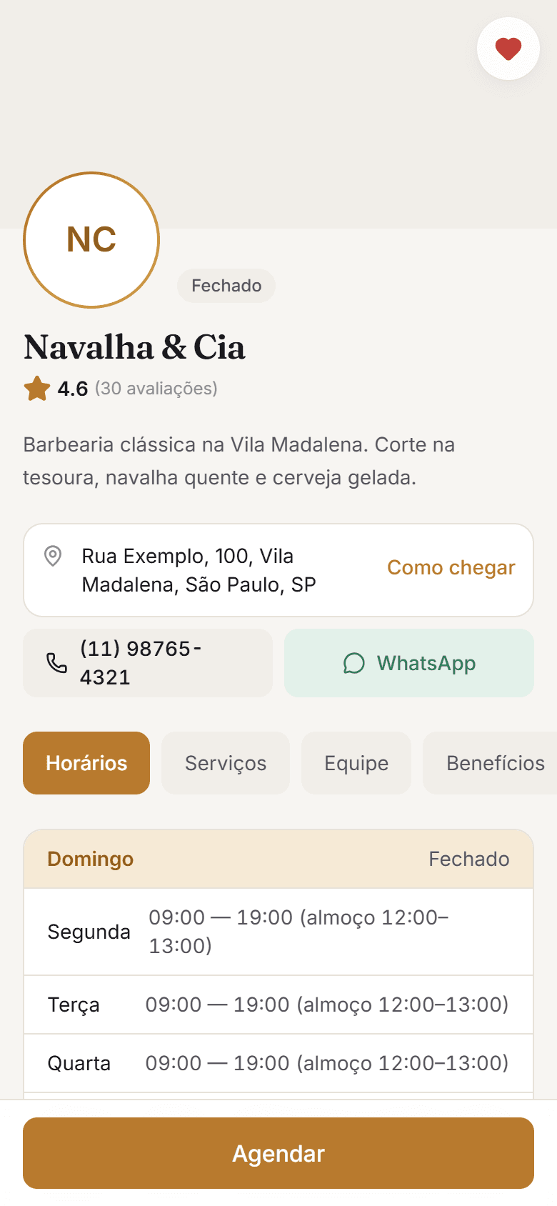 Sua página — sou cliente: A página pública da sua barbearia, com link próprio para a bio do Instagram. É o que o cliente vê quando clica.