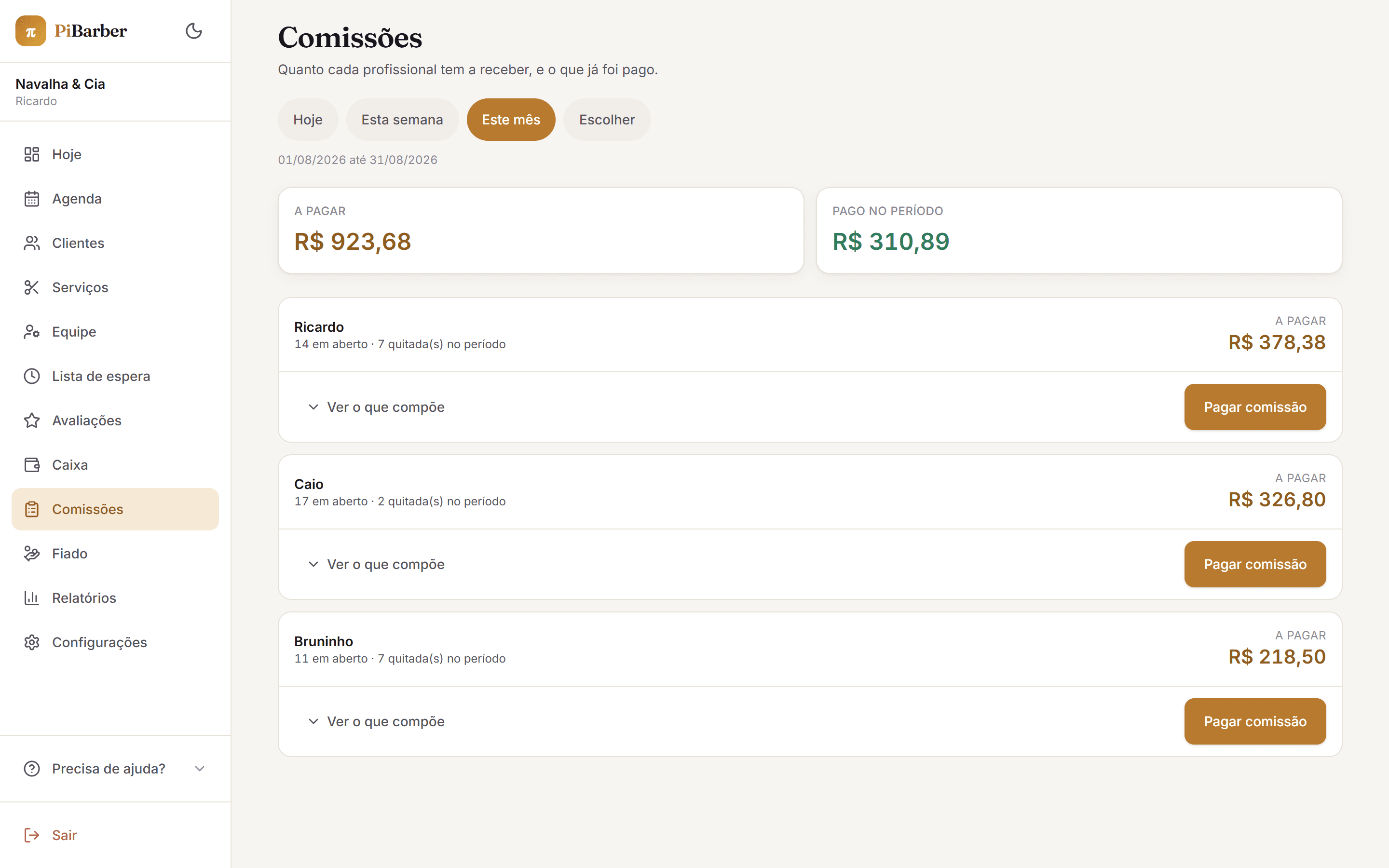 Comissões — sou dono de barbearia: O controle de comissão da barbearia calculado sozinho, no percentual de cada profissional. Dá para pagar o saldo inteiro ou só uma parte.